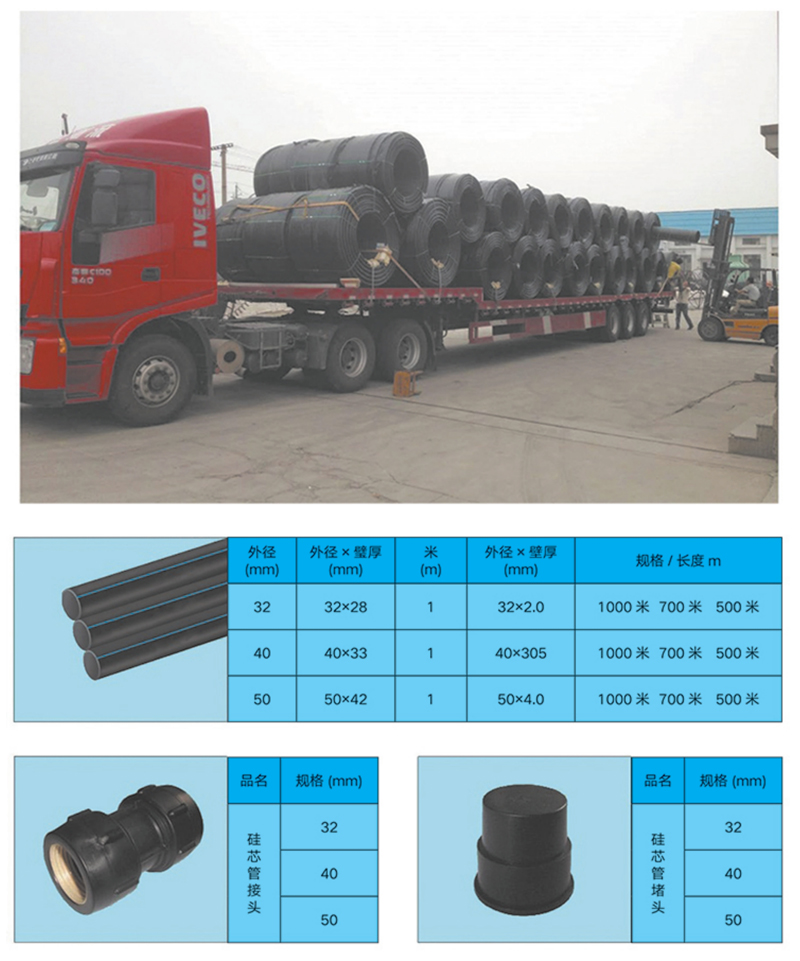高密度聚乙烯(HDPE )硅芯管制作，系采用特種HDPE原料加硅料共擠復(fù)合而成，具備以下基本特性: 1.管道的強(qiáng)度，包括抗壓，抗張和抗沖擊能力，充分考慮到光(電)纜保護(hù)所需的安全系數(shù)，不再需要大管作外層保護(hù)。 2、硅管曲率半徑小，為其外徑的十倍。敷管時(shí)遇到彎曲處和上下管落差處可隨路而轉(zhuǎn)或隨坡而走，無須作任何特別處理，更不必設(shè)入井過渡。 3、其內(nèi)壁的硅芯層是固體的，永久的潤滑濟(jì)。 4、其內(nèi)壁的硅芯層被同步擠壓進(jìn)壁內(nèi)，均勻地分布于整個(gè)內(nèi)壁，硅芯層與高度密聚乙烯具有相同的物理和機(jī)械特性:不會(huì)剝落，脫離。 5、其內(nèi)壁硅芯層的摩擦特性保持不變，纜線在管道內(nèi)反復(fù)抽取。 6、其內(nèi)璧的硅芯層不與水溶，污物進(jìn)管后可用水沖洗管道，可免遭嚙齒動(dòng)物破壞。7、抗老化，使用壽命長，埋入地下可達(dá)50年以上。 8、耐候性能好。 9、施工快捷，可大降低工程造價(jià)。
